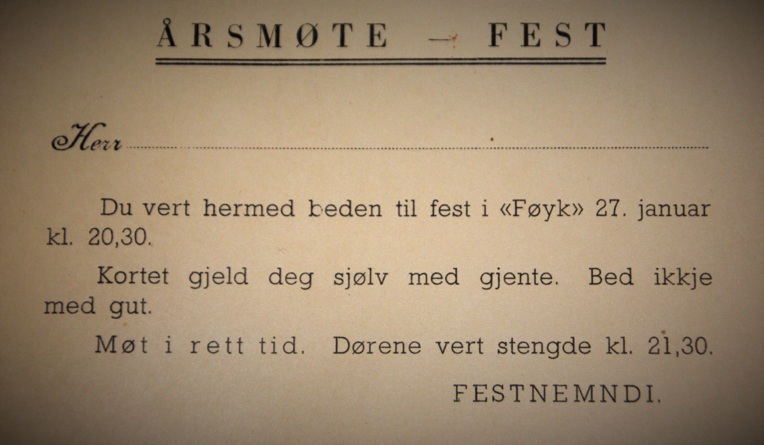 Invitasjon til årsmøtefest i Føyk -  for ein del år sidan.